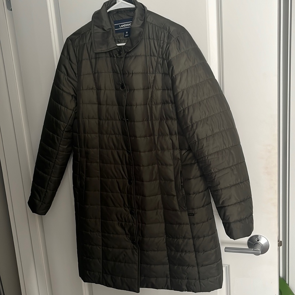 Lands End Olive Green Knee Length Coat